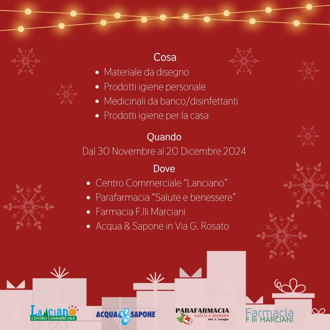 Natale di solidarietà: retro locandina per la spesa solidale a favore delle case famiglia Colibrì e Pegaso, riporta i beni che possono essere donati e le modalità di donazione, presenti anche nell'articolo